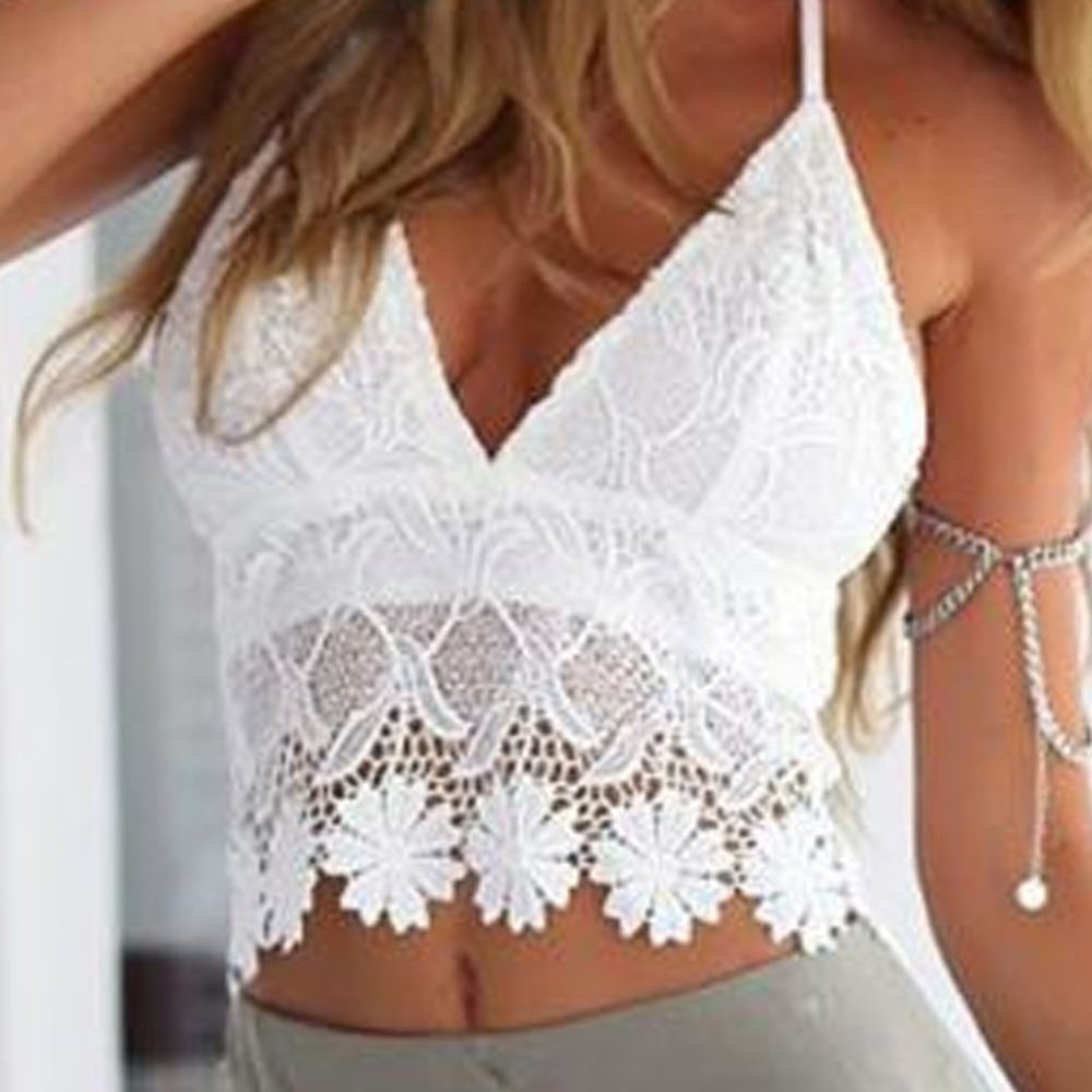 White Floral Lace Crochet Halter Backless Bralette
